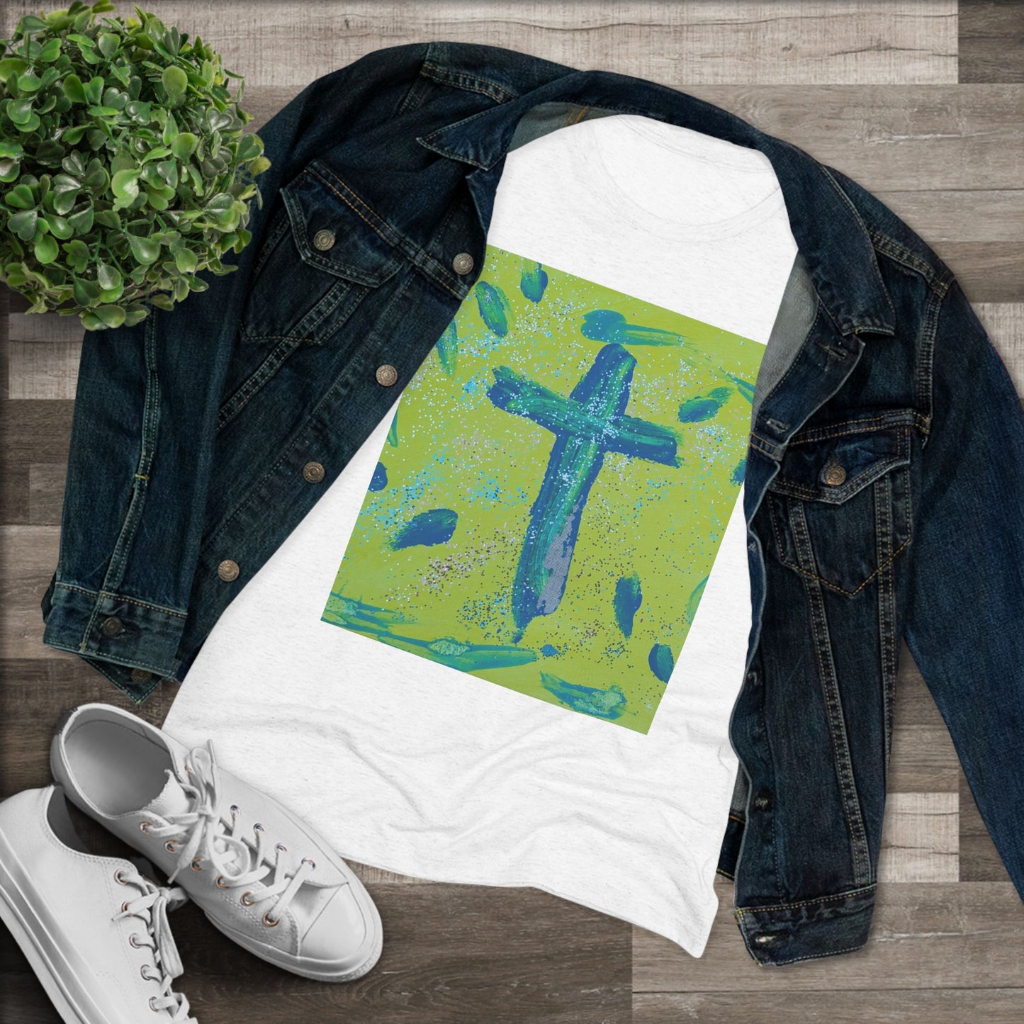 Women’s Abstract Cross T-Shirt | Faith-Inspired Finger Painted Art Tee